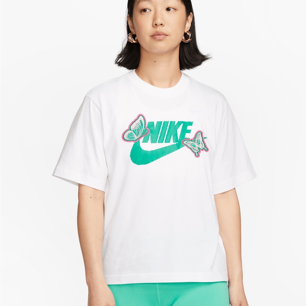 Nike White T-Shirt with Teal Swoosh and Butterfly Patches BNWT